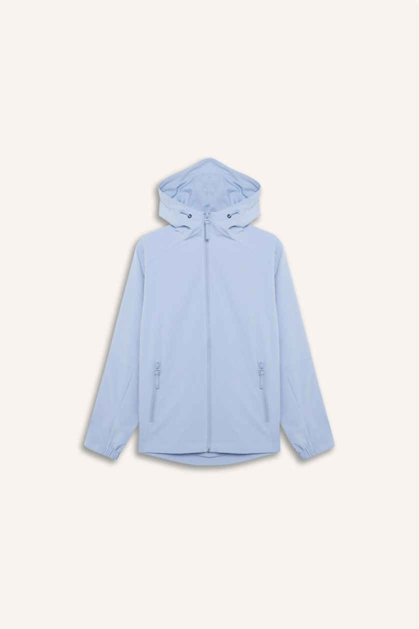 Kadın Açık Mavi Su İtici Regular Fit Kapüşonlu Fermuarlı Mevsimlik Baharlık Yağmurluk