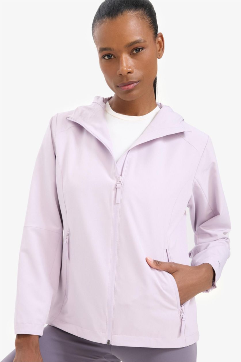 نساء أرجواني جاكيت مطر قصة عادية بغطاء للرأس مقاوم للماء من DeFactoFit