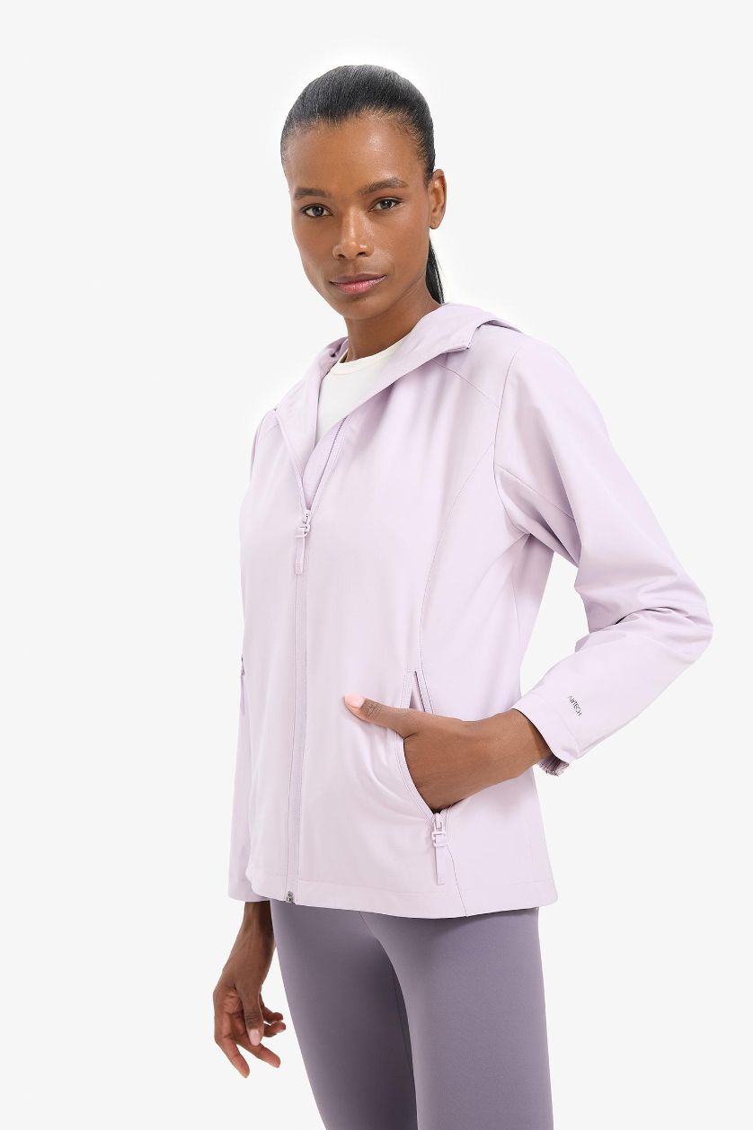 نساء أرجواني جاكيت مطر قصة عادية بغطاء للرأس مقاوم للماء من DeFactoFit