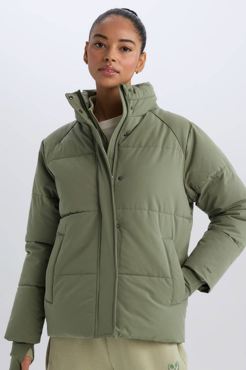 Kadın Açık Haki Sıcak Tutan Şişme Mont Su Geçirmez Rüzgar Geçirmez Parmak Geçmeli  Dik Yaka Fermuarlı Cepli