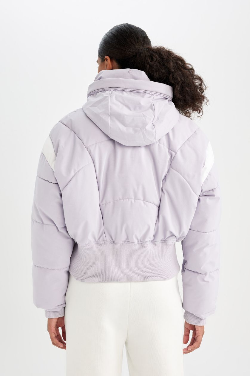 Kadın Lila Su İtici Rüzgar Geçirmez Şişme Crop Gizli Kapüşonlu Fermuarlı Cepli Sıcak Tutan Mont