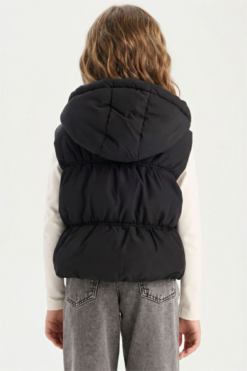 Kız Çocuk - Genç Kız Siyah Su İtici Kapüşonlu Fermuarlı Şişme Yelek Kız Çocuk