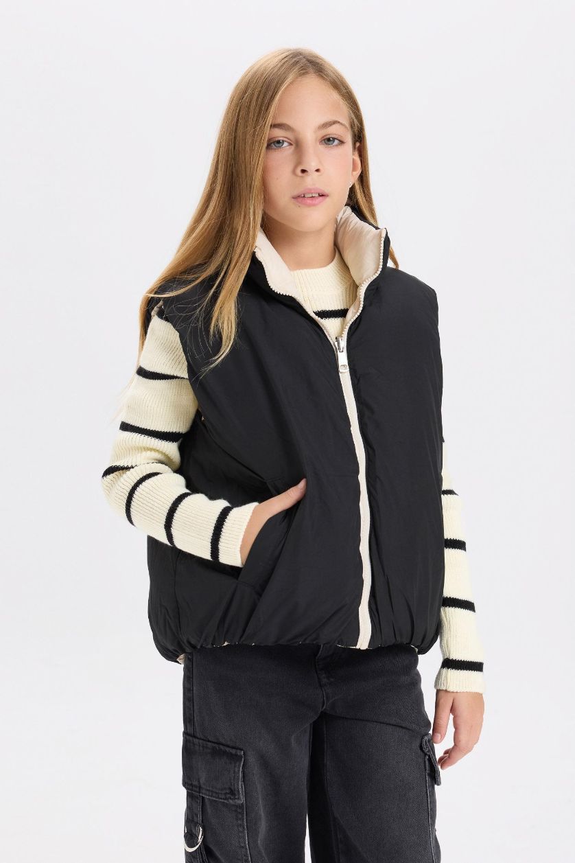 Kız Çocuk - Genç Kız Siyah Su İtici Dik Yaka Şişme Çift Taraflı Fermuarlı Kapitone Şişme Yelek Kız Çocuk