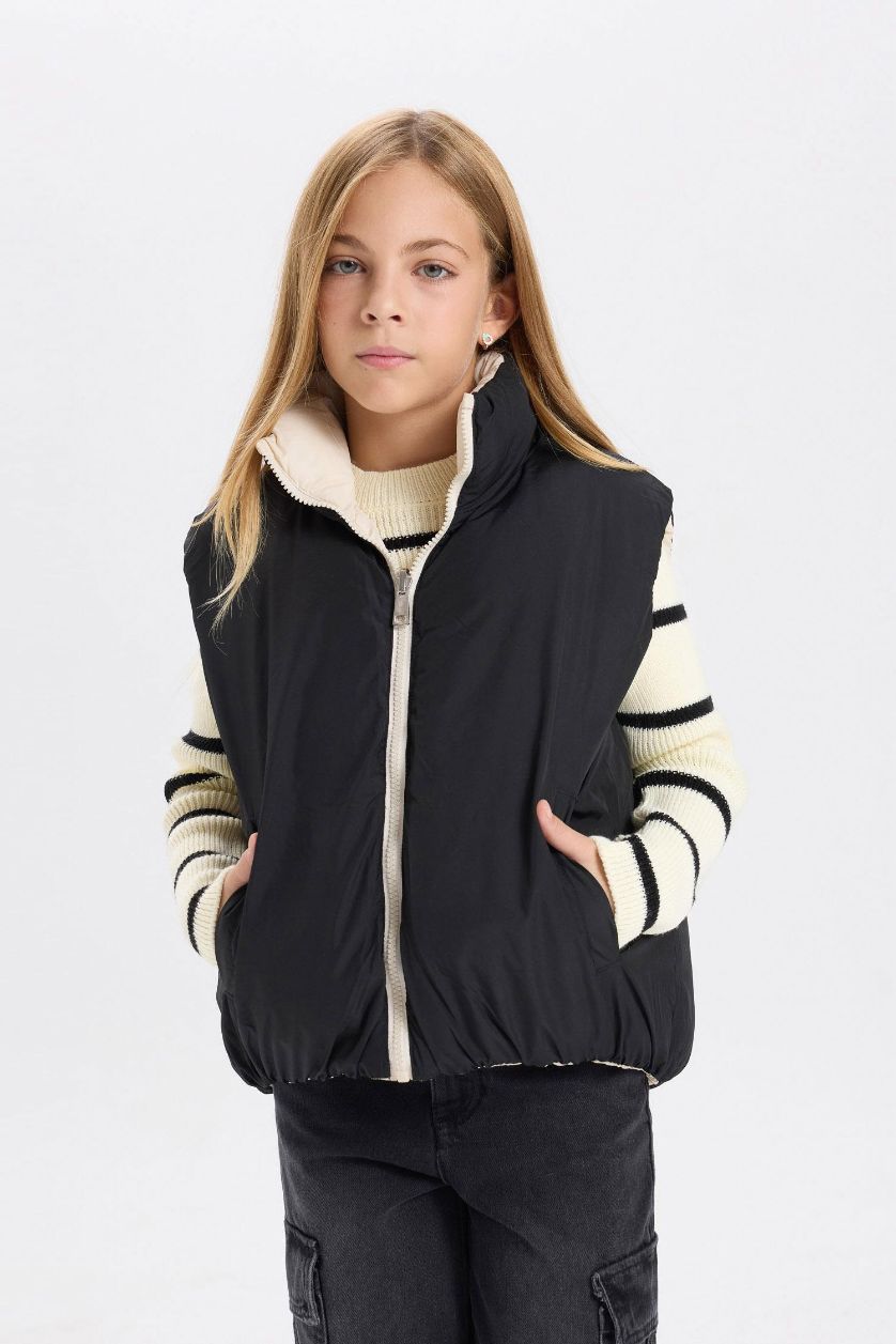 Kız Çocuk - Genç Kız Siyah Su İtici Dik Yaka Şişme Çift Taraflı Fermuarlı Kapitone Şişme Yelek Kız Çocuk