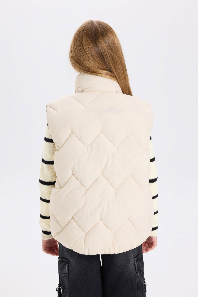 Kız Çocuk - Genç Kız Siyah Su İtici Dik Yaka Şişme Çift Taraflı Fermuarlı Kapitone Şişme Yelek Kız Çocuk