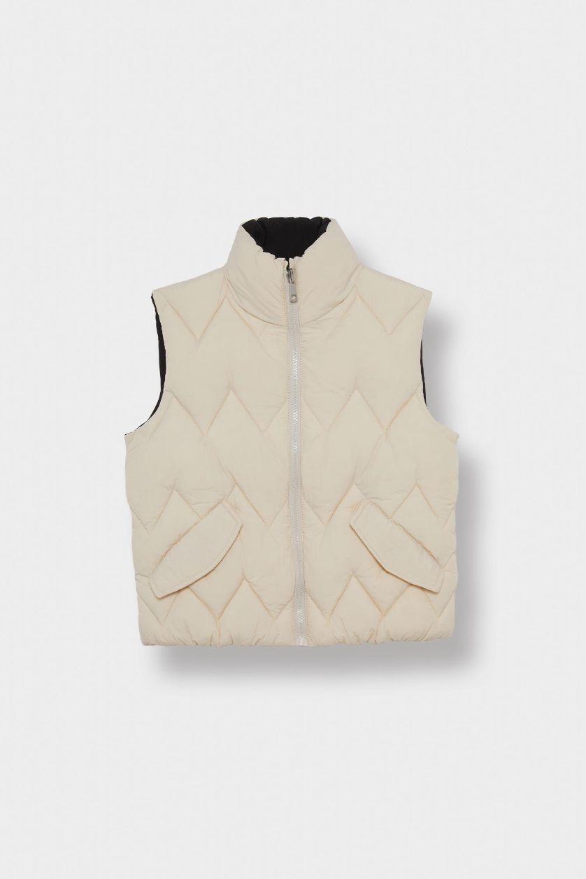 Kız Çocuk - Genç Kız Siyah Su İtici Dik Yaka Şişme Çift Taraflı Fermuarlı Kapitone Şişme Yelek Kız Çocuk