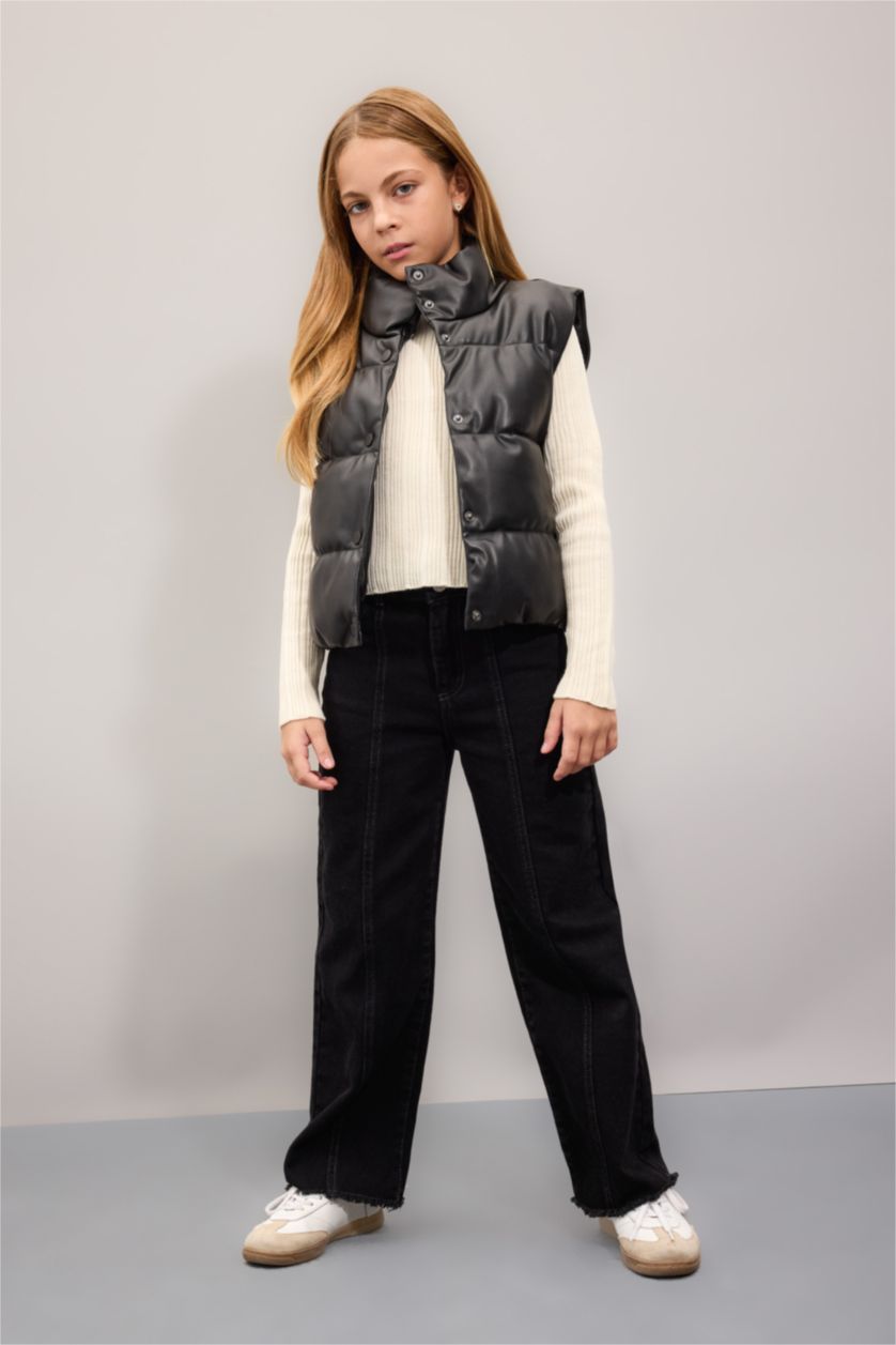 Kız Çocuk - Genç Kız Siyah Su Geçirmez Dik Yaka Çıtçıtlı Suni Deri Şişme Yelek Kız Çocuk