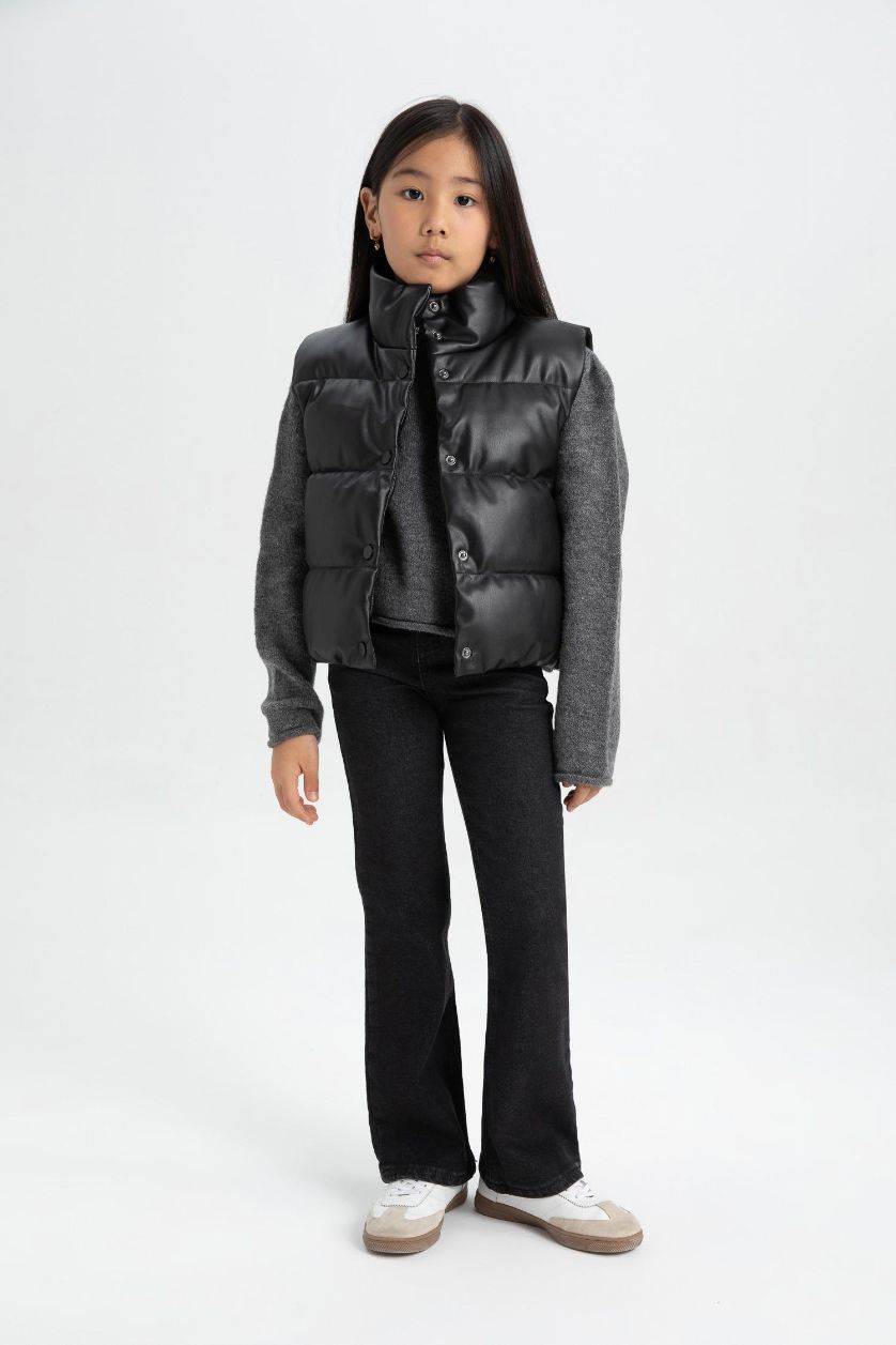 Kız Çocuk - Genç Kız Siyah Su Geçirmez Dik Yaka Çıtçıtlı Suni Deri Şişme Yelek Kız Çocuk