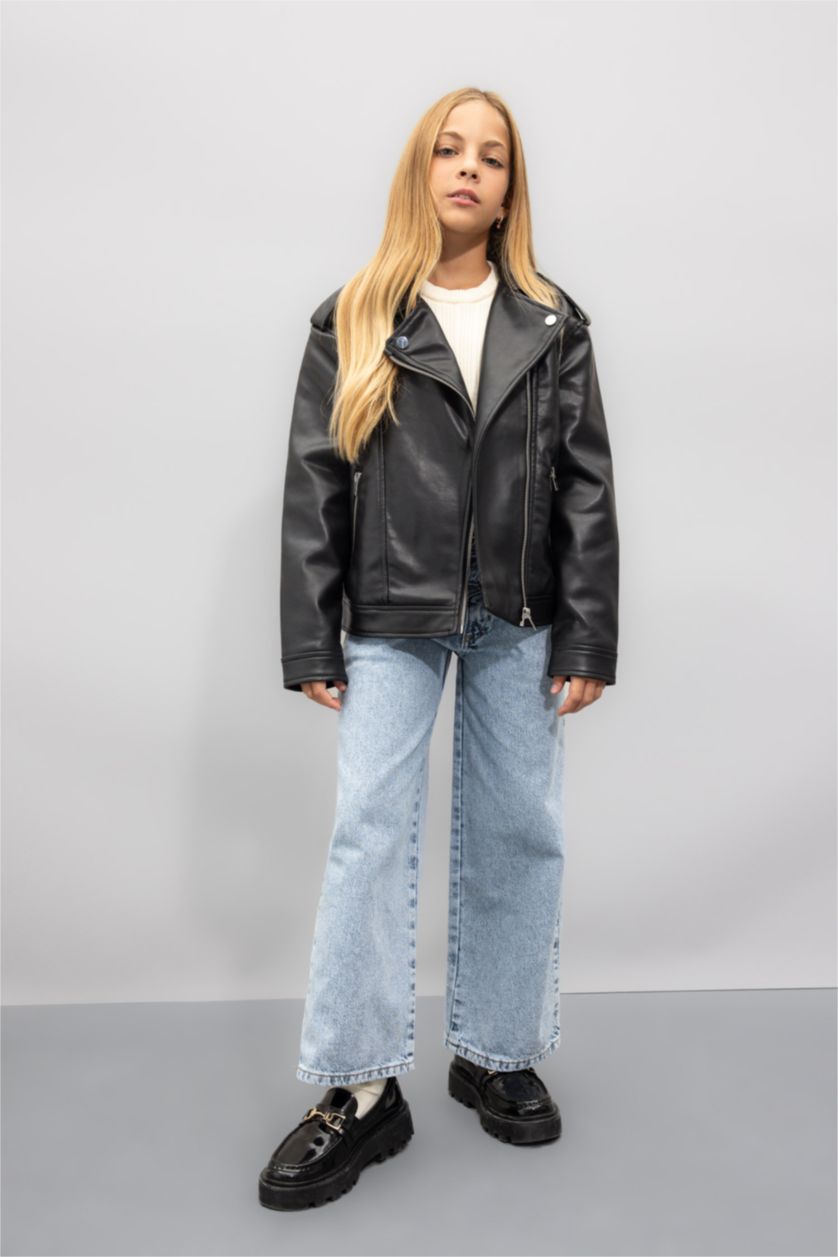 FILLES Noir Veste en cuir Coupe Régulière Fille