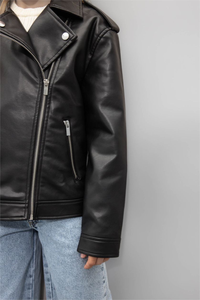 FILLES Noir Veste en cuir Coupe Régulière Fille