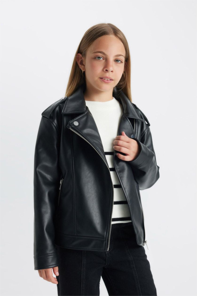 FILLES Noir Veste en cuir Coupe Régulière Fille