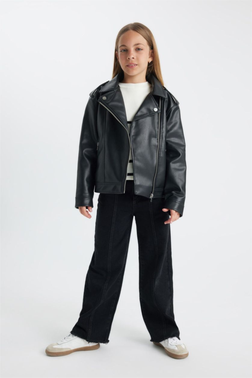 FILLES Noir Veste en cuir Coupe Régulière Fille