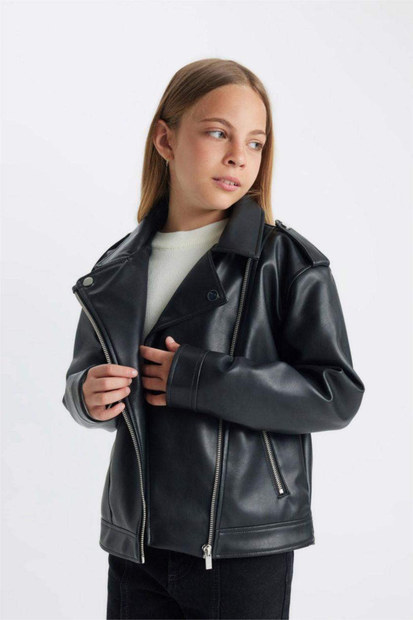 FILLES Noir Veste en cuir Coupe Régulière Fille