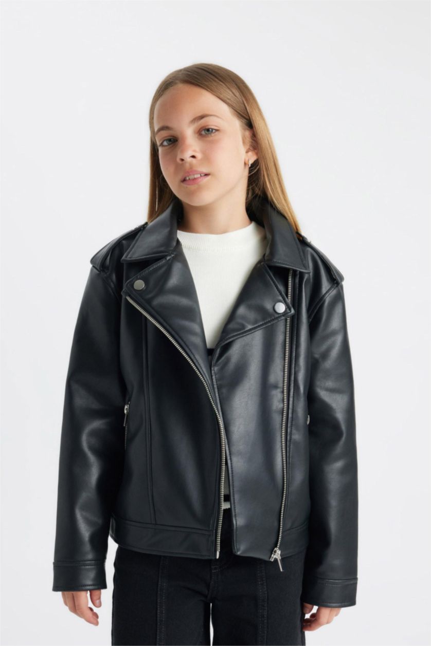 FILLES Noir Veste en cuir Coupe Régulière Fille