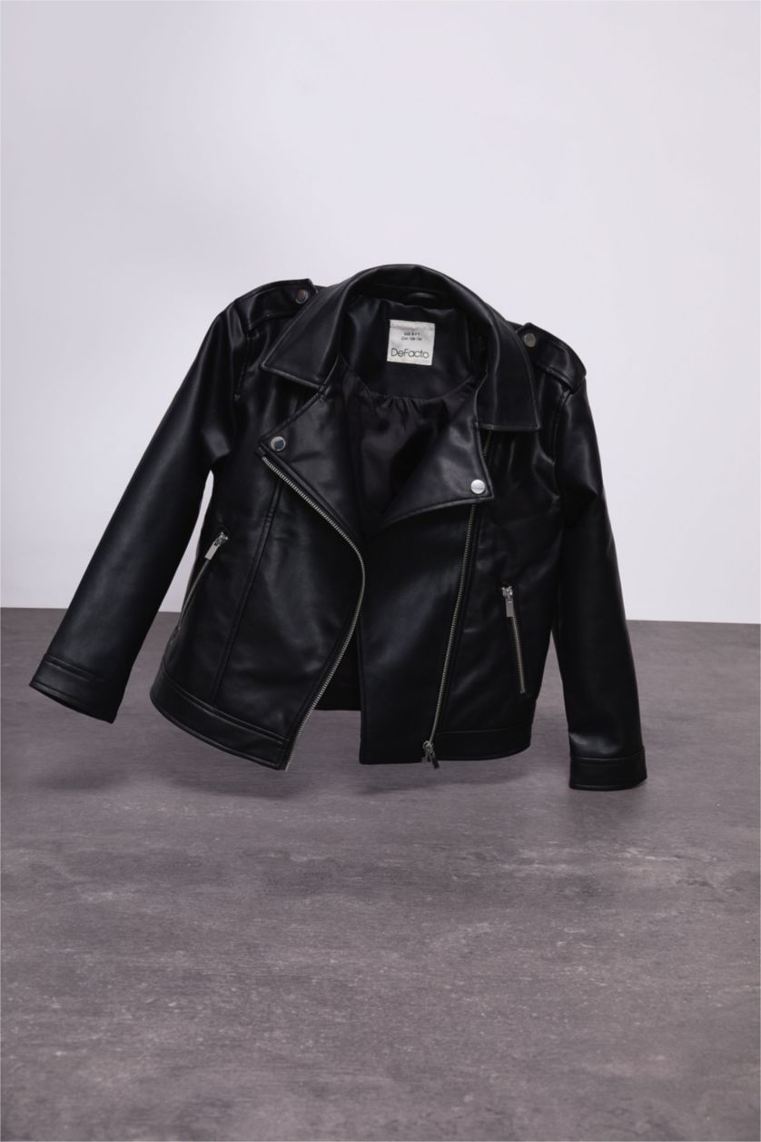 FILLES Noir Veste en cuir Coupe Régulière Fille