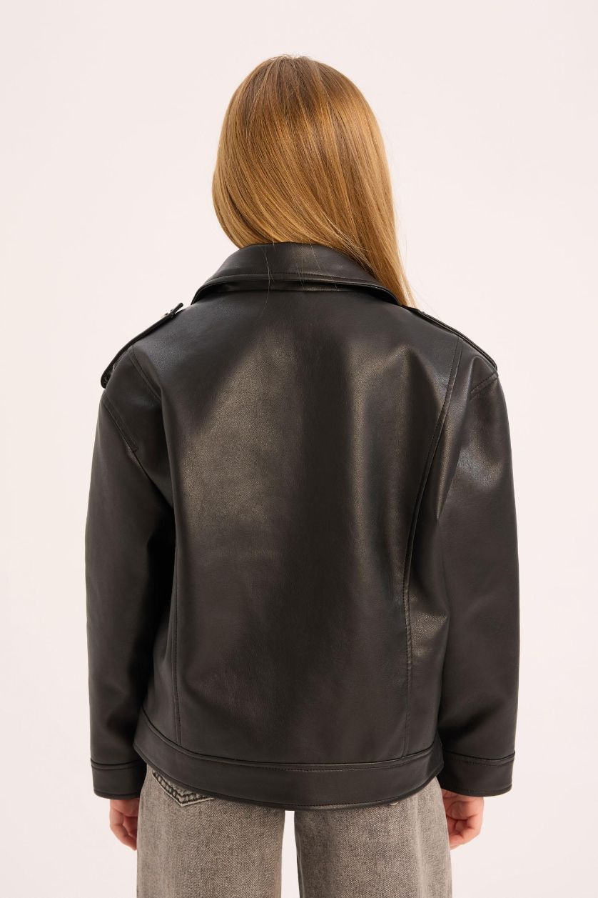 Kız Çocuk - Genç Kız Siyah Su Geçirmez Fermuarlı Suni Deri Ceket Mont Kız Çocuk