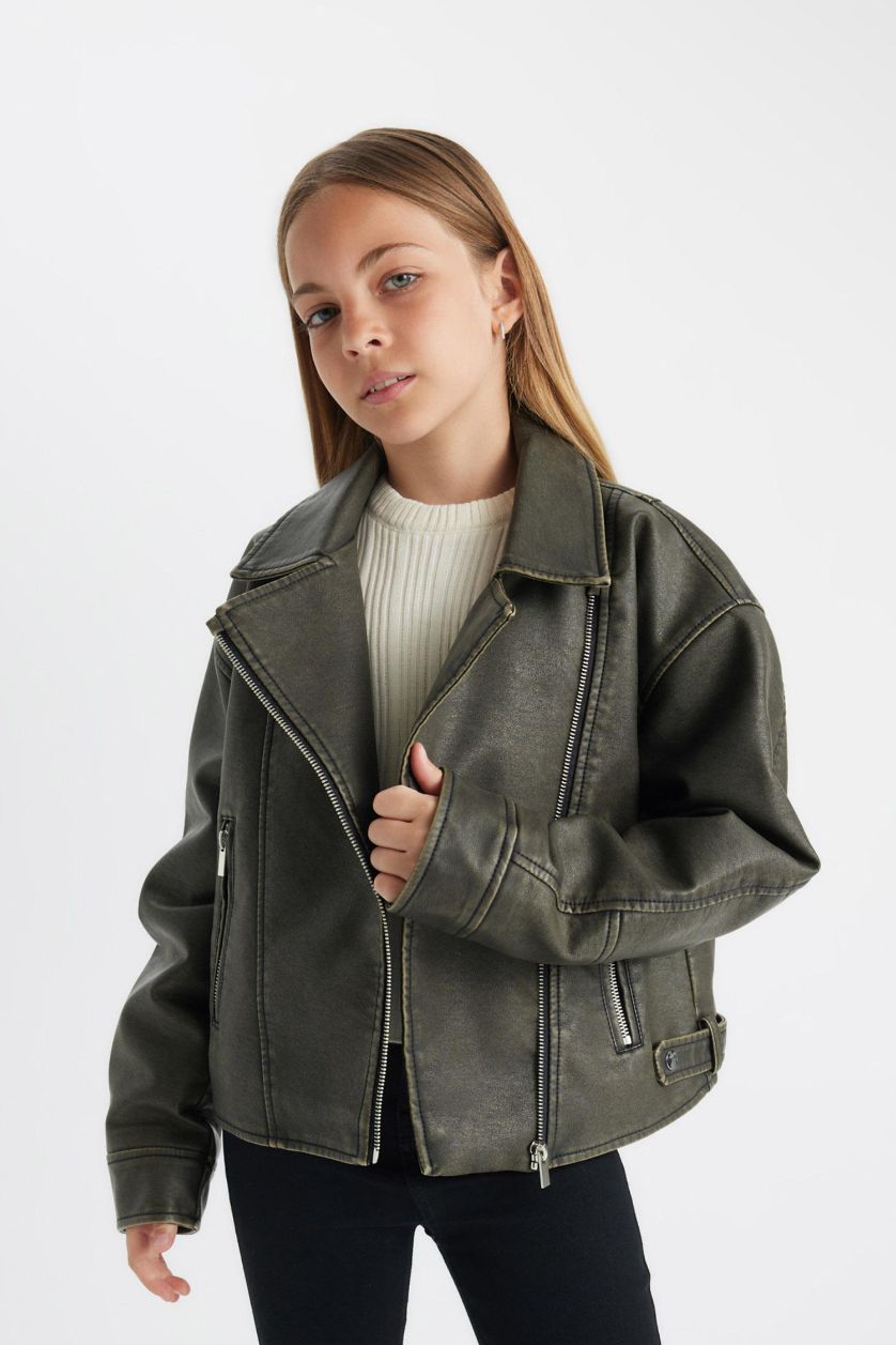 GIRLS & TEENS Brown Girl Waterproof Faux Leather Jacket