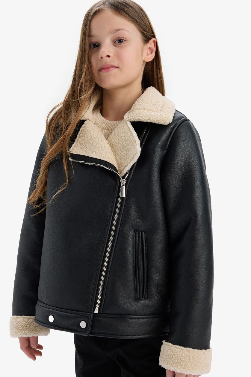 Kız Çocuk - Genç Kız Siyah Su İtici Ceket Yaka Pelüş Astar Suni Deri Ceket Mont Kız Çocuk