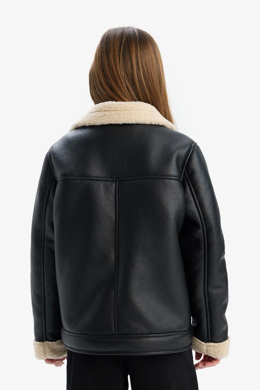 Kız Çocuk - Genç Kız Siyah Su İtici Ceket Yaka Pelüş Astar Suni Deri Ceket Mont Kız Çocuk