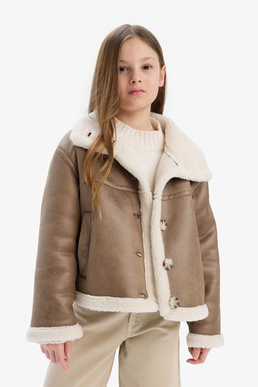 Kız Çocuk - Genç Kız Kahve Su Geçirmez Büyük Yaka Pelüş Astar Mont Kız Çocuk