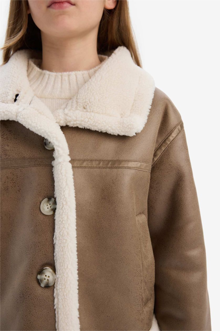 Kız Çocuk - Genç Kız Kahve Su Geçirmez Büyük Yaka Pelüş Astar Mont Kız Çocuk