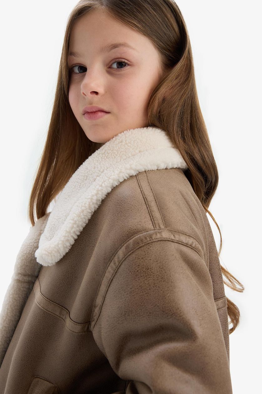 Kız Çocuk - Genç Kız Kahve Su Geçirmez Büyük Yaka Pelüş Astar Mont Kız Çocuk
