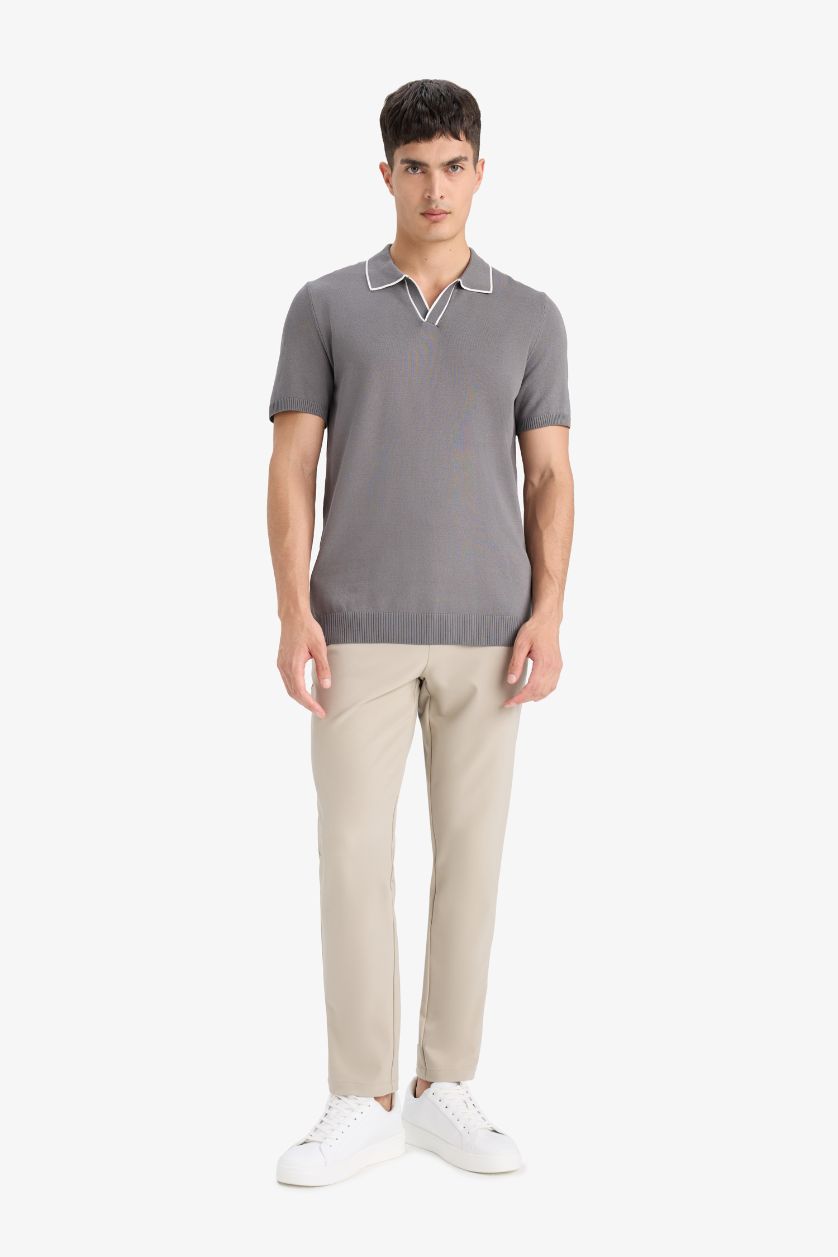 Erkek Gri Modern Fit Polo Yaka Kısa Kollu Triko Tişört