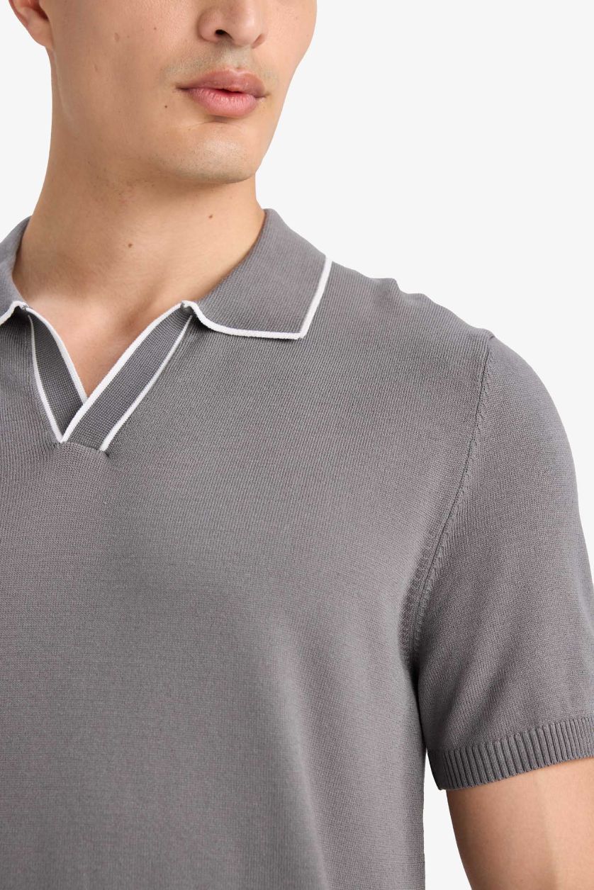 Erkek Gri Modern Fit Polo Yaka Kısa Kollu Triko Tişört