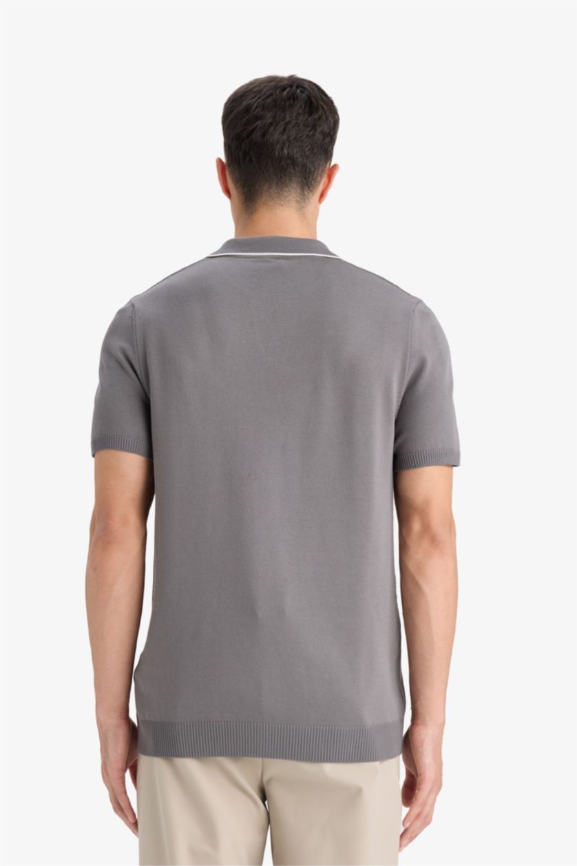 Erkek Gri Modern Fit Polo Yaka Kısa Kollu Triko Tişört