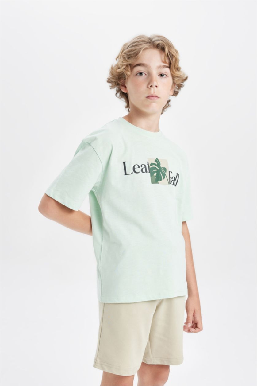 Erkek Çocuk - Genç Erkek Deniz Mavisi Oversize Geniş Kalıp Bisiklet Yaka Baskılı Kısa Kollu Tişört Erkek Çocuk