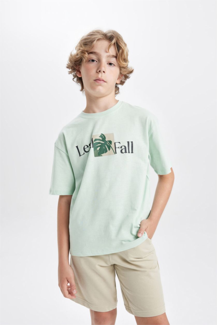 Erkek Çocuk - Genç Erkek Deniz Mavisi Oversize Geniş Kalıp Bisiklet Yaka Baskılı Kısa Kollu Tişört Erkek Çocuk