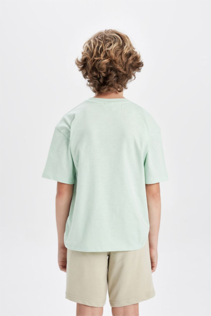 Erkek Çocuk - Genç Erkek Deniz Mavisi Oversize Geniş Kalıp Bisiklet Yaka Baskılı Kısa Kollu Tişört Erkek Çocuk