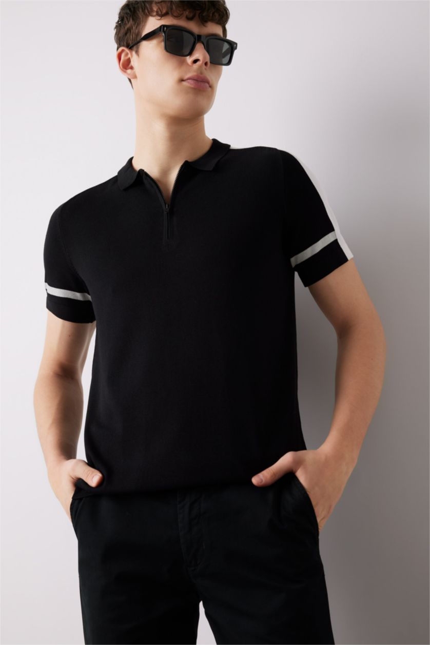 Man Black Slim Fit Knitwear Short Sleeve Polo T-Shirt