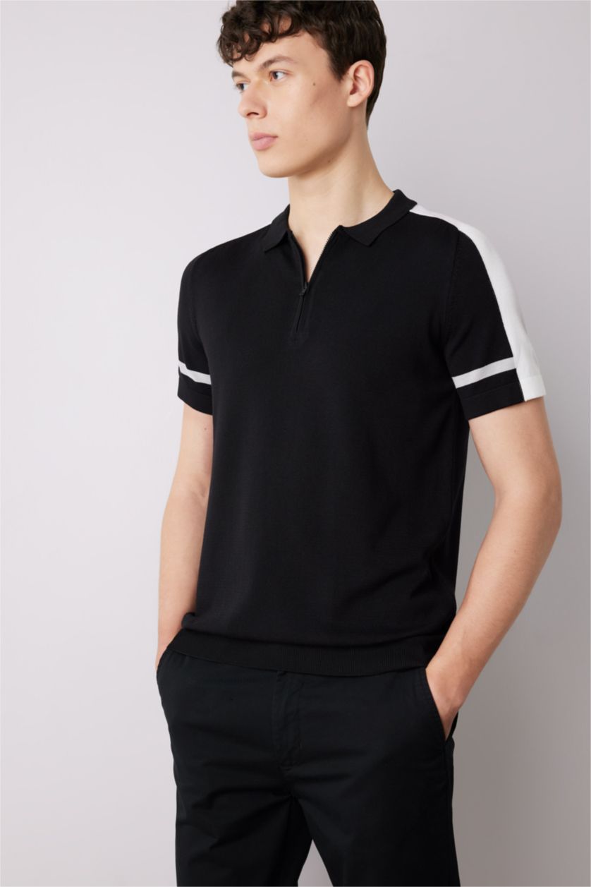 Man Black Slim Fit Knitwear Short Sleeve Polo T-Shirt