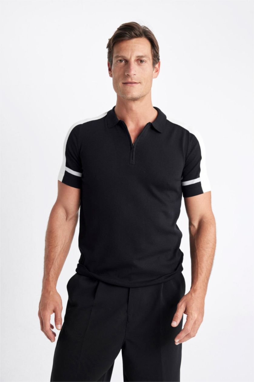 Man Black Slim Fit Knitwear Short Sleeve Polo T-Shirt