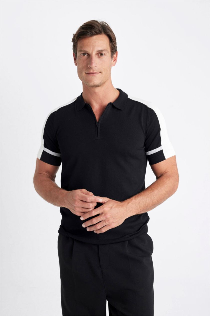 Man Black Slim Fit Knitwear Short Sleeve Polo T-Shirt