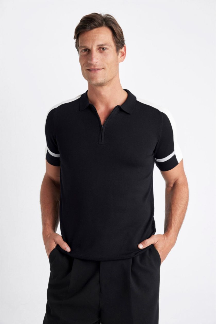 Man Black Slim Fit Knitwear Short Sleeve Polo T-Shirt