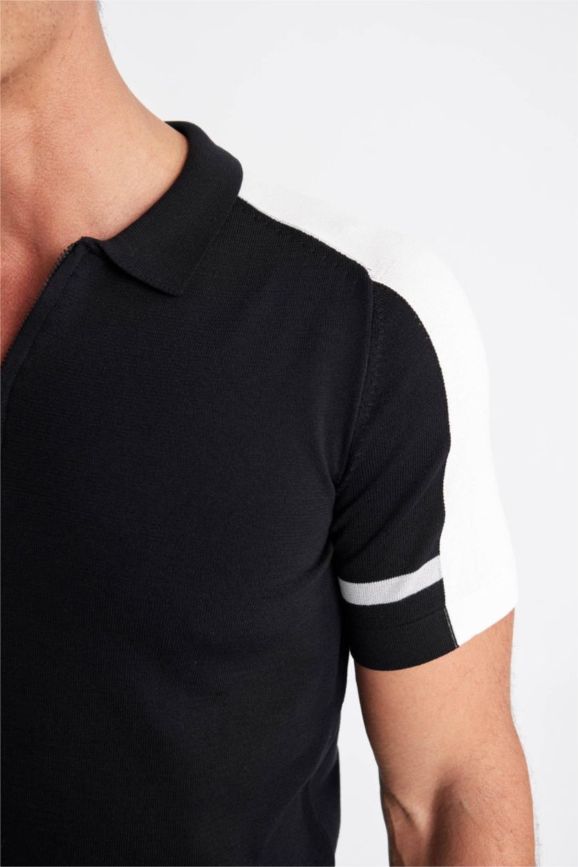 Man Black Slim Fit Knitwear Short Sleeve Polo T-Shirt