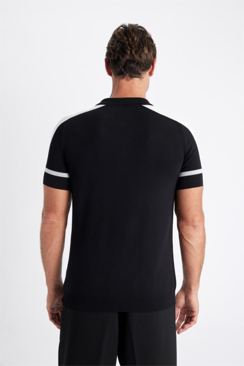 Man Black Slim Fit Knitwear Short Sleeve Polo T-Shirt