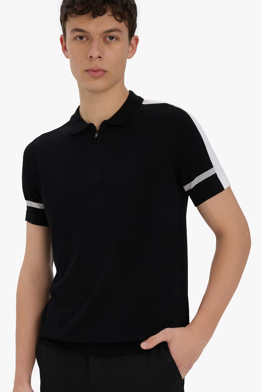 Erkek Siyah Slim Fit Dar Kesim Polo Yaka Fermuarlı Kısa Kollu Triko Tişört