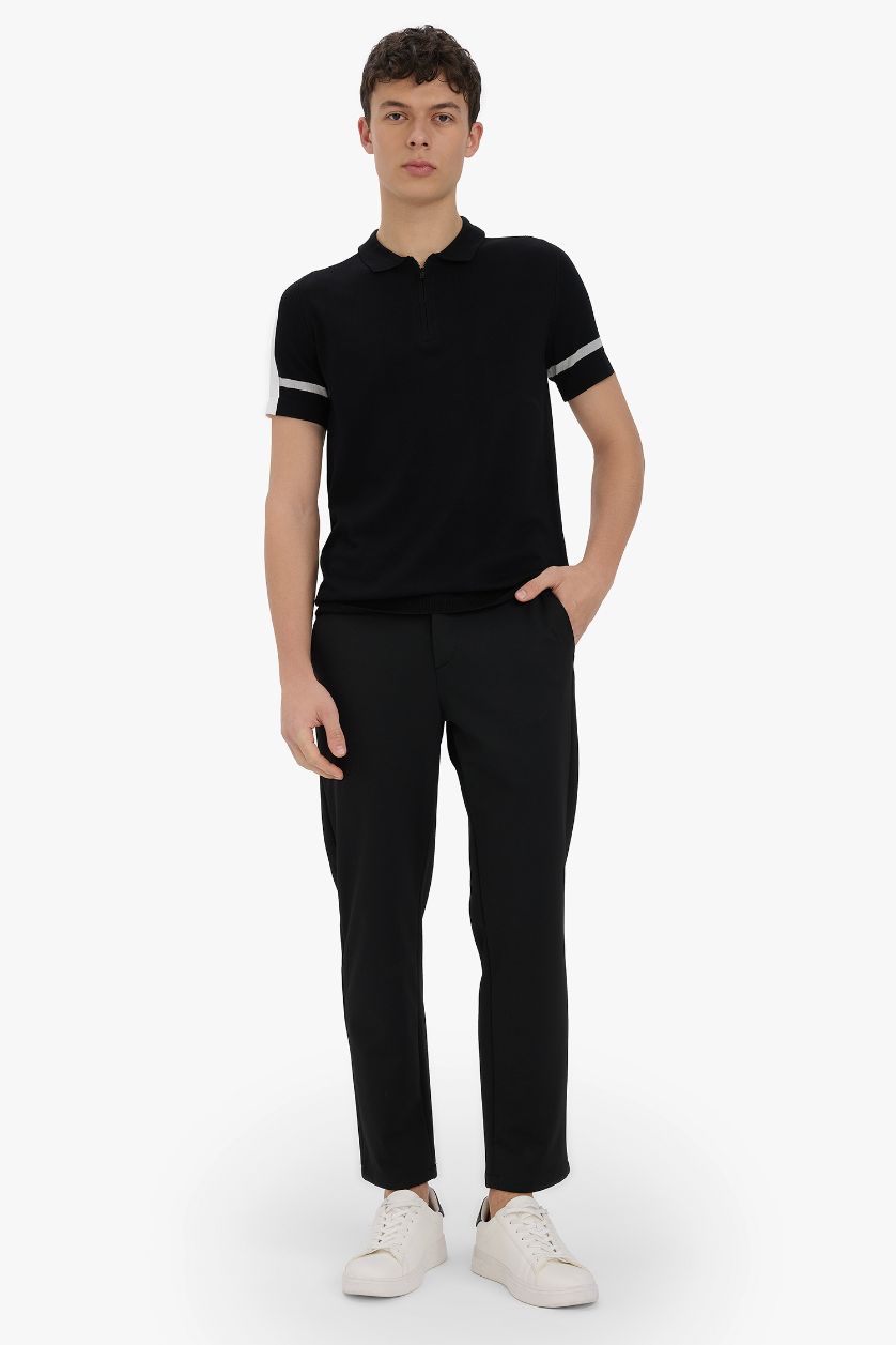 Erkek Siyah Slim Fit Dar Kesim Polo Yaka Fermuarlı Kısa Kollu Triko Tişört