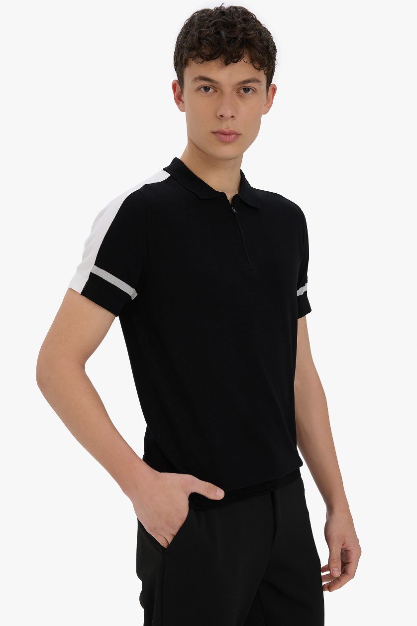 Erkek Siyah Slim Fit Dar Kesim Polo Yaka Fermuarlı Kısa Kollu Triko Tişört