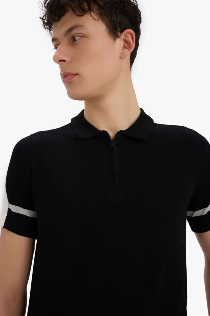 Erkek Siyah Slim Fit Dar Kesim Polo Yaka Fermuarlı Kısa Kollu Triko Tişört