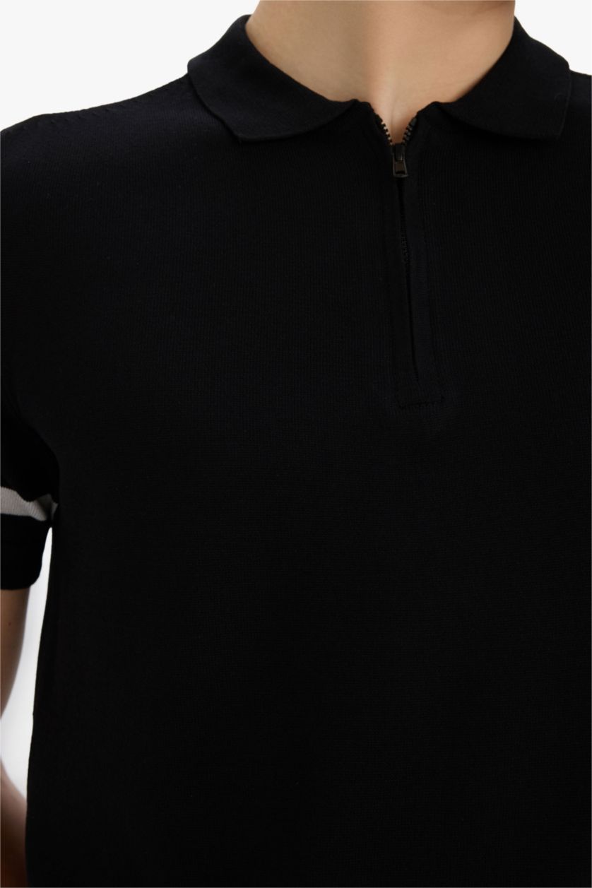 Erkek Siyah Slim Fit Dar Kesim Polo Yaka Fermuarlı Kısa Kollu Triko Tişört