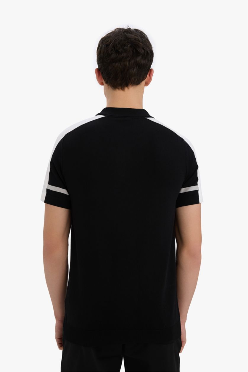 Erkek Siyah Slim Fit Dar Kesim Polo Yaka Fermuarlı Kısa Kollu Triko Tişört