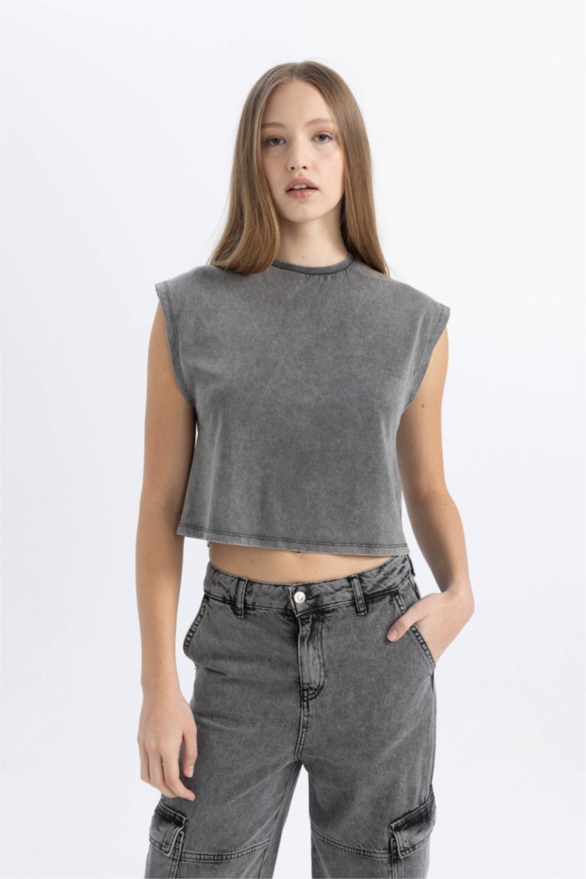 Kadın Antrasit Loose Fit Yıkamalı Soluk Efektli Atlet