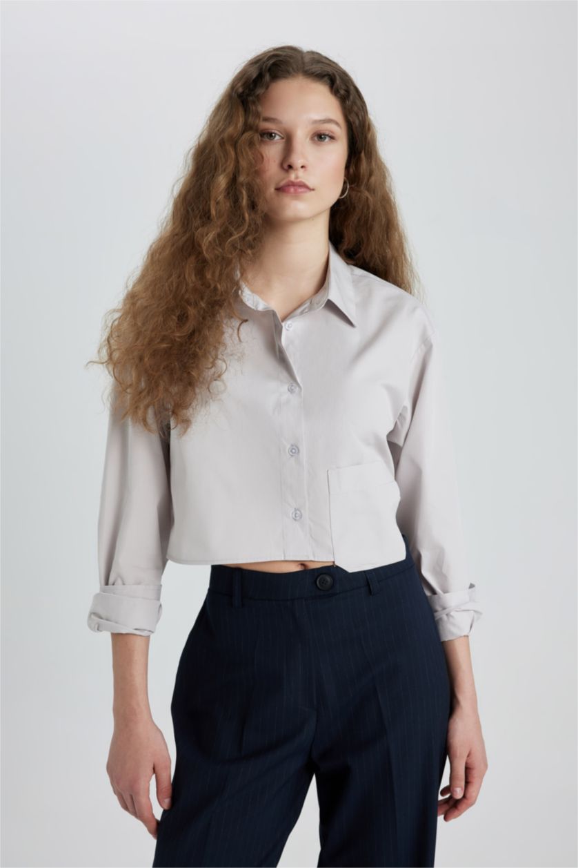 WOMAN Light Grey Oversize Poplin Long Sleeve Crop Shirt