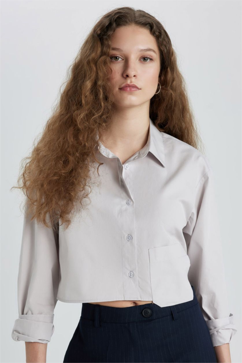 WOMAN Light Grey Oversize Poplin Long Sleeve Crop Shirt