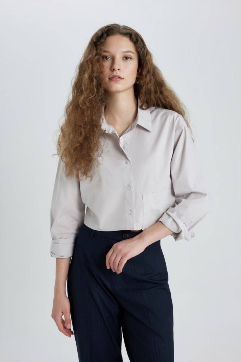 WOMAN Light Grey Oversize Poplin Long Sleeve Crop Shirt
