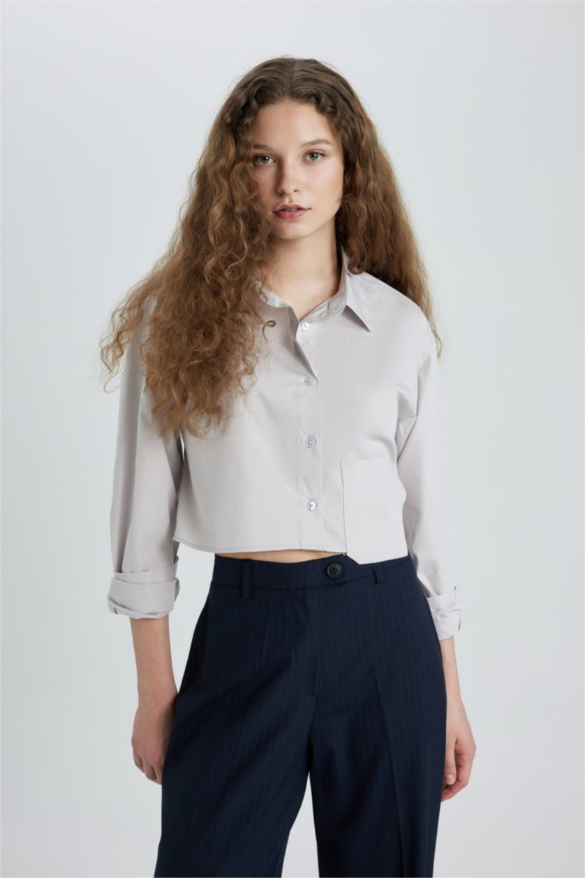 WOMAN Light Grey Oversize Poplin Long Sleeve Crop Shirt